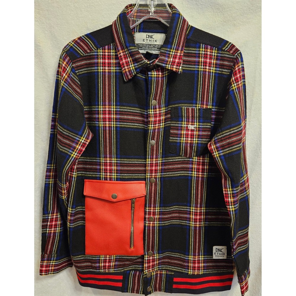 ETHIK Mixed Media Plaid Utility Jacket Red Leather Pocket Medium Street Limited